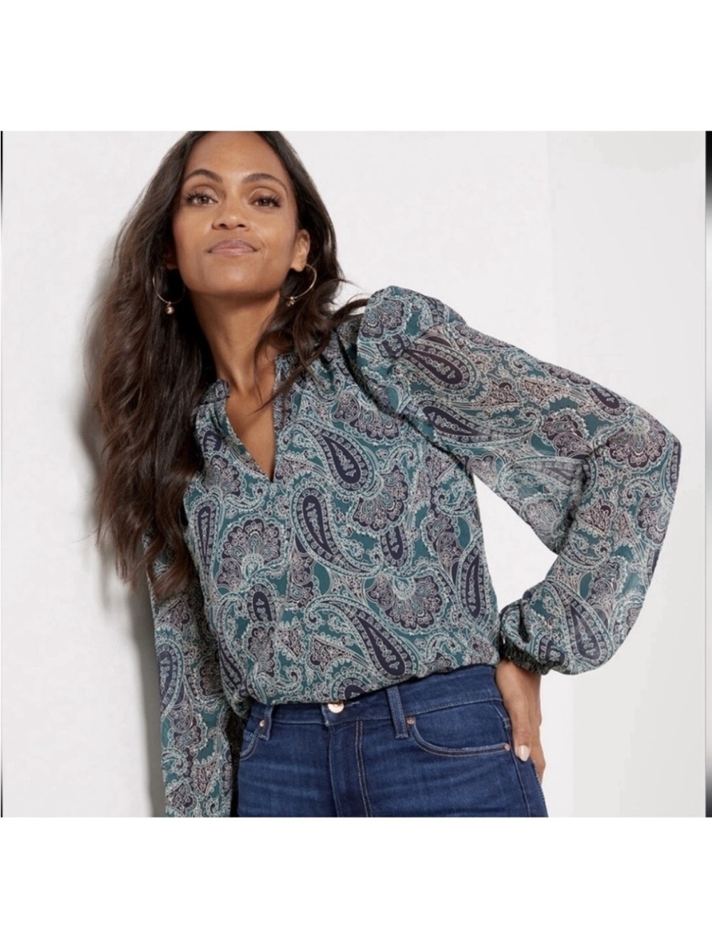 EVEREVE Kora Paisley Green Navy Chiffon Blouse